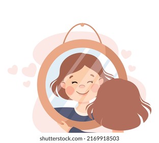 Self-love With Little Girl Looking In Mirror Admiring Herself Loving Her Appearance Vector Illustration