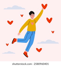 Self-love: Man catches hearts - inspires affection, confidence and positive empowerment. Flat vector illustration. Young Man Holding Heart in Colorful Illustration.