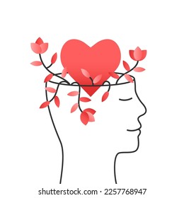 Self-love, mental health and emotional well-being concept. Person smiling, heart shape, head, mind, flower as personal growth and self love symbol.