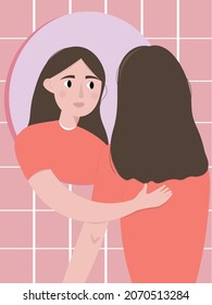 Self-love, self acceptance concept. The young woman looks in the mirror, and her reflection embraces her approvingly. Self-esteem. Hand drawn flat illustration