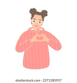 Self-love and self help concept. Young girl making hand heart symbol with her fingers that express  gratitude, peace, love and acceptance. Poster or banner for website with positive woman. Flat vector