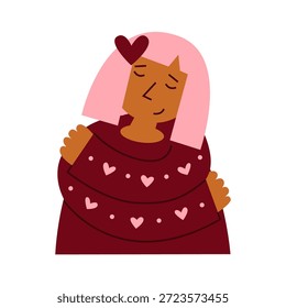 Selbstliebe und Wohlfühlkonzept. Ein einzelnes Valentinstag-Fest. Selbstwert und psychische Gesundheit. Mädchen umarmt sich mit Herzsymbolen.