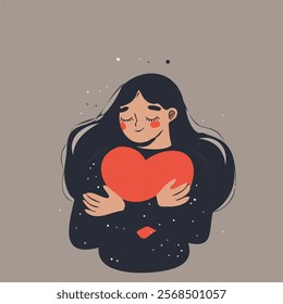 Self-Love and Wellness Concept: Woman Hugging a Heart. Self-Care Vector Illustration, Health, Beauty, and Relaxation Design for Women’s Wellbeing