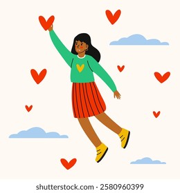 Self-love: A woman catches hearts - inspires affection, confidence and positive empowerment. Flat vector illustration. Girl Happily Holding Brightly Colored Hearts in Colorful Illustration.