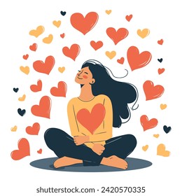 Self-Love: Women Surrounded by Hearts - Inspiring Affection, Confidence, and Positive Empowerment. Flat Vector Illustration 