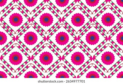 Imagem autofeita de um padrão de ênfase azul rodeado por flores cor-de-rosa sobre um fundo branco.