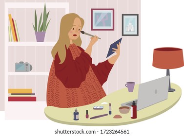 Self-made makeup by video tutorial at home flat vector illustration. Girl, woman doing makeup by video tutorials on home isolation. Quarantine isolation during a virus, coronavirus concept.
