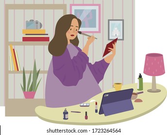 Self-made makeup by video tutorial at home flat vector illustration. Girl, woman doing makeup by video tutorials on home isolation. Quarantine isolation during a virus, coronavirus concept.