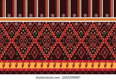 Um padrão feito por conta própria de quadrados em forma oval decorados com flores coloridas em um fundo vermelho-escuro.