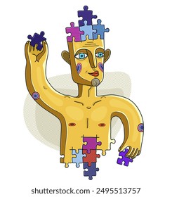 Self-made person vector concept, illustration of a man building himself, personal development, evolution and learning education, 
