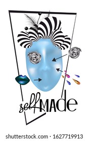 Self-made slogan and abstract woman face. T-shirt design. Vector illustration