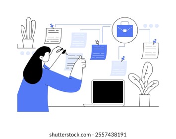 Self-management isolated cartoon vector illustrations. Young woman planning her freelancers work time with special stickers, remote job, digital nomad, self-discipline idea vector cartoon.