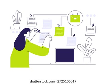 Ilustrações isoladas de vetor de desenhos animados autogerenciáveis. Jovem planejando seus freelancers trabalham tempo com adesivos especiais, trabalho remoto, nômade digital, ideia autodisciplinar vetor cartoon.
