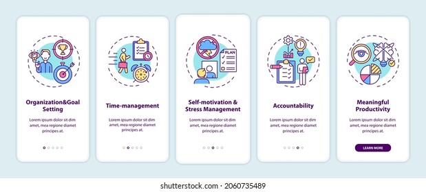 Self-management skills onboarding mobile app page screen with concepts. Productivity walkthrough 5 steps graphic instructions. UI, UX, GUI vector template with linear color illustrations