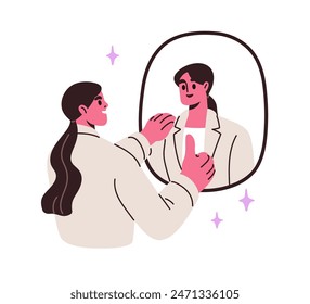 Automotivación, apreciación, concepto de Asistencia. Mujer frente al reflejo del espejo, sonriendo con confianza, amor, respeto a sí misma. Psicología Ilustración vectorial plana aislada sobre fondo blanco