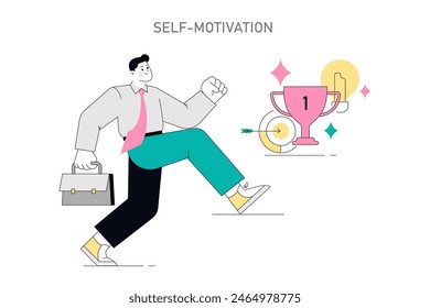 Self-motivation concept. Businessman walking towards success with a trophy and target. Personal growth and achievement in career. Vector illustration.