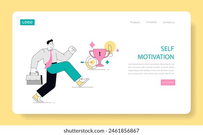 Self-motivation concept. Enthusiastic man strides towards a trophy, depicting personal achievement and determination. Drive for success in career growth. Vector illustration.