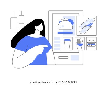 Self-order terminal isolated cartoon vector illustrations. Smiling girl using smart vending machine to purchase a food, touching the screen, pre-order terminal, smart retail vector cartoon.