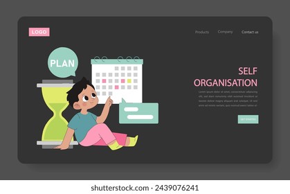 Self-organisation concept. Child mastering time management and planning skills. Calendar and hourglass signify learning structure.