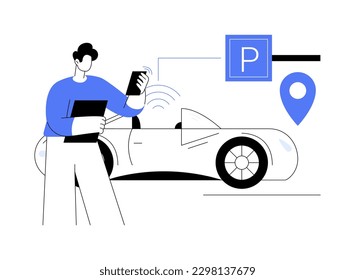 Ilustración vectorial de concepto abstracto del sistema de auto-estacionamiento. Sistema de estacionamiento automático, auto-estacionamiento, tecnología inteligente sin conductor, metáfora abstracta de valet de conducción autónoma.