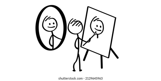 Self-portrait and easel. Stickman, stick figures man draws itself from a mirror. Drawing, paint people face portrait. Cartoon, comic selfie on canvas. reflection.