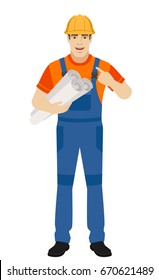 Self-promotion. Builder holding the project plans and pointing at himself. Full length portrait of builder character in a flat style. Vector illustration.