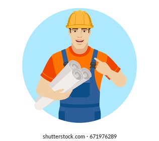 Self-promotion. Builder holding the project plans and pointing at himself. Portrait of builder character in a flat style. Vector illustration.