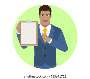Self-promotion. Businessman holding the clipboard and pointing at himself. Portrait of Black Business Man in a flat style. Vector illustration.