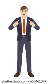 Self-promotion. Businessman pointing at himself. Full length portrait of businessman character in a flat style. Vector illustration.
