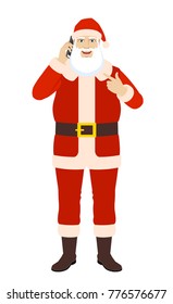Self-promotion. Santa Claus talking on the mobile phone and pointing at himself. Full length portrait of Santa Claus in a flat style. Vector illustration.
