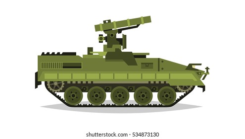 Self-propelled anti-tank missile system. Research, inspection, optical review, missiles, air attack. Equipment for the war. All Terrain Vehicle, heavy machinery. Vector illustration 