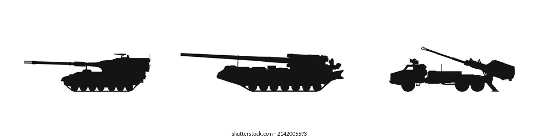 Self-propelled Artillery Icon Set. Army Artillery Systems Panzerhaubitze, Archer And Peony. Isolated Vector Image For Military Design