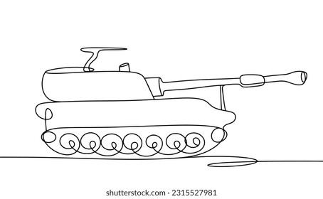 Montaje de artillería autopropulsado. Vehículo de combate en un chasis autopropulsado. Un dibujo de línea para diferentes usos. Ilustración vectorial.