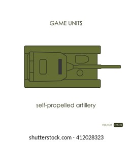 Self-propelled artillery on white background. Military icon. Game unit. Vector illustration