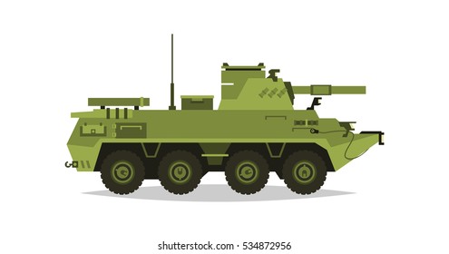 Self-propelled artillery unit. Research, inspection, optical review, rockets, shells. Equipment for the war. All Terrain Vehicle, heavy machinery. Vector illustration 
