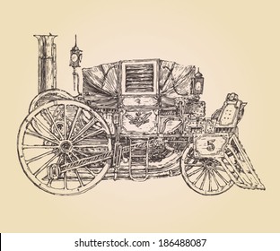 self-propelled carriage steam punk  (Old car) vintage engraved illustration, hand drawn