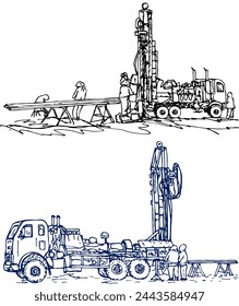 Plataforma de perforación autopropulsada para estudios de ingeniería en un chasis de camión, mesa con tubos de perforación. Dos dibujos de un vehículo de exploración geológica con trabajadores de mantenimiento desde diferentes ángulos