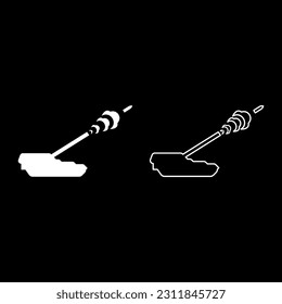 Self-propelled howitzer artillery system archer shoots projectile shell set icon white color vector illustration image solid fill outline contour line thin flat style