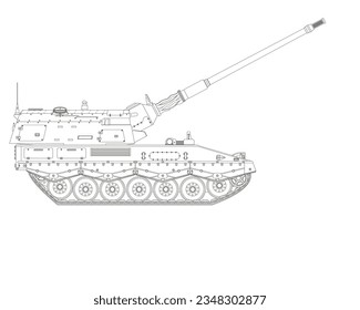 Obús autopropulsados en línea de arte. Vehículo blindado militar. Ilustración vectorial detallada aislada en fondo blanco.