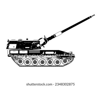 Borde del obús autopropulsado. Crianza de barril. Vehículo blindado militar. Ilustración vectorial aislada en fondo blanco.