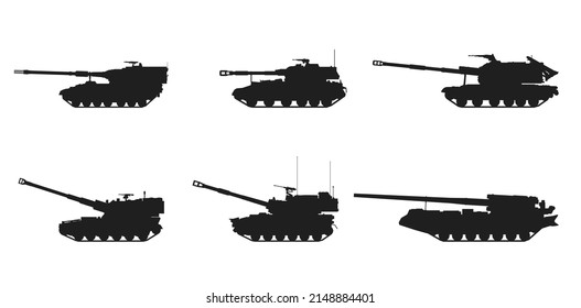 Self-propelled Howitzer Set. Army Artillery Systems. Vector Icons For Military Infographics And Web Design