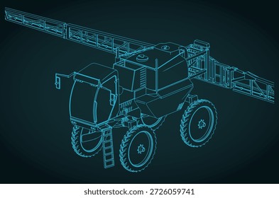 Self-propelled sprayer isometric blueprint stylized vector illustration