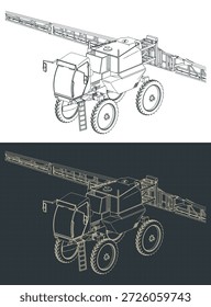 Self-propelled sprayer isometric drawings stylized vector illustrations