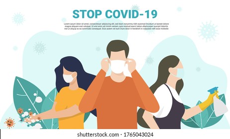 Self-protection against COVID-19 banner, including people wearing face masks, washing hands and using disinfectant spray