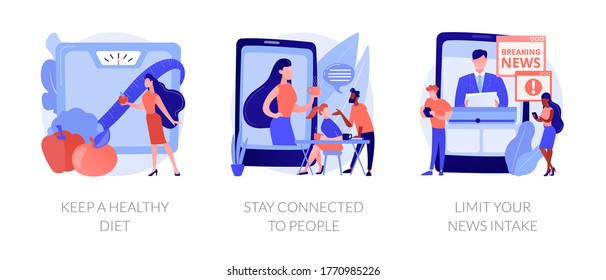 Self-qarantine wellbeing abstract concept vector illustration set. Keep a healthy diet, stay connected to people, limit your news intake, home cooking, social media connections abstract metaphor.