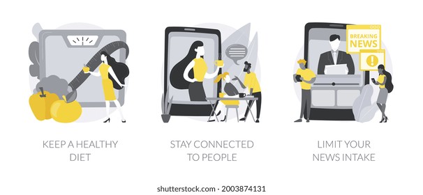 Self-qarantine wellbeing abstract concept vector illustration set. Keep a healthy diet, stay connected to people, limit your news intake, home cooking, social media connections abstract metaphor.