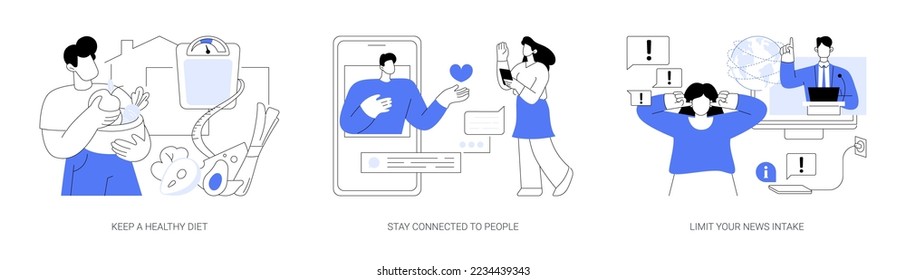 Self-qarantine wellbeing abstract concept vector illustration set. Keep a healthy diet, stay connected to people, limit your news intake, home cooking, social media connections abstract metaphor.