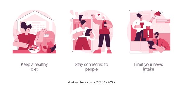 Conjunto de ilustración vectorial de concepto de bienestar autoqarantino. Mantén una dieta saludable, mantente conectado con la gente, limita tu ingesta de noticias, comida casera, conexiones de medios sociales metáforas abstractas.