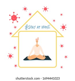 Self-quarantine concept. Activities at home during an outbreak of the COVID-19 virus. Coronavirus quarantine preventive measures. Woman meditates. Vector illustration