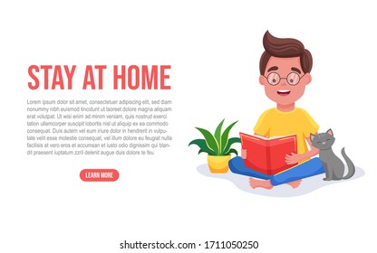 Self-quarantine concept. Person man reading book in lotus pose with cat. Work at home during an outbreak of the COVID-19 virus. Coronavirus quarantine preventive measures.  Vector cartoon illustration